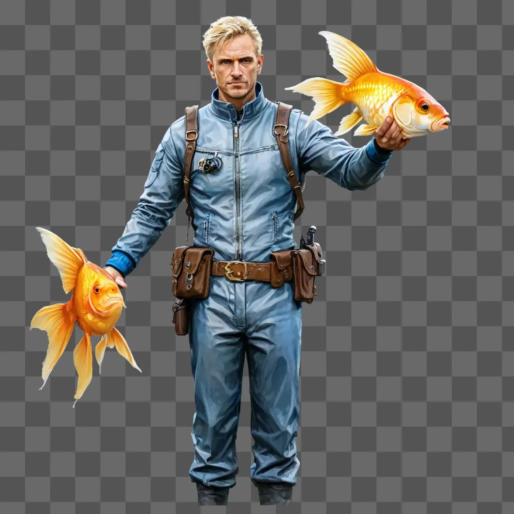 gold fish drawing Man in blue holds goldfish and wears a belt with pouches