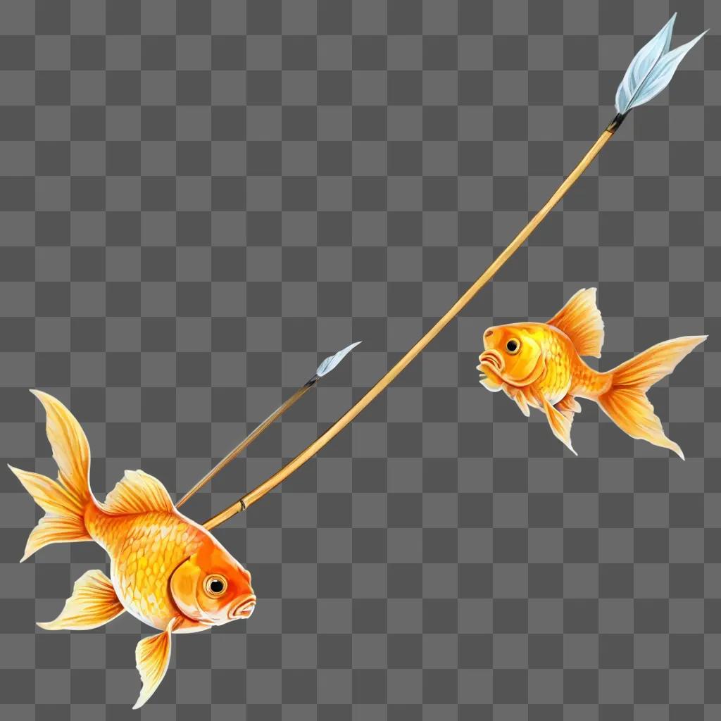 gold fish drawing Two fish on a stick with a feather