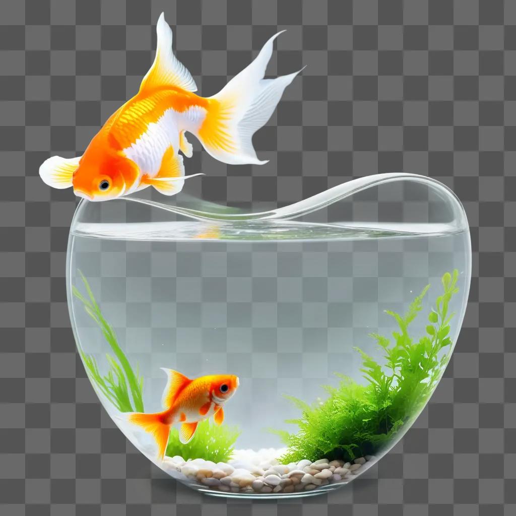 gold fish swims in a clear fishbowl