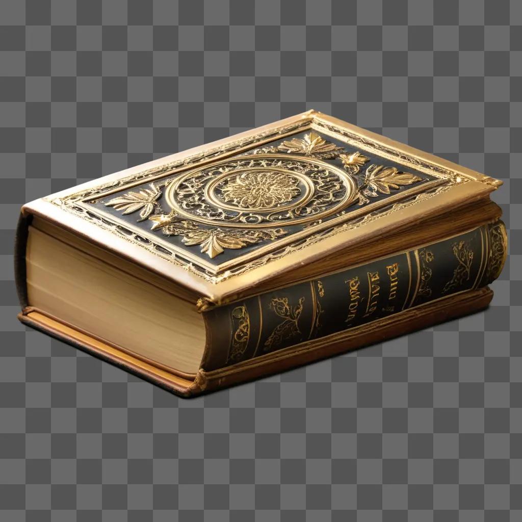 gold-leafed old book sits on a brown surface