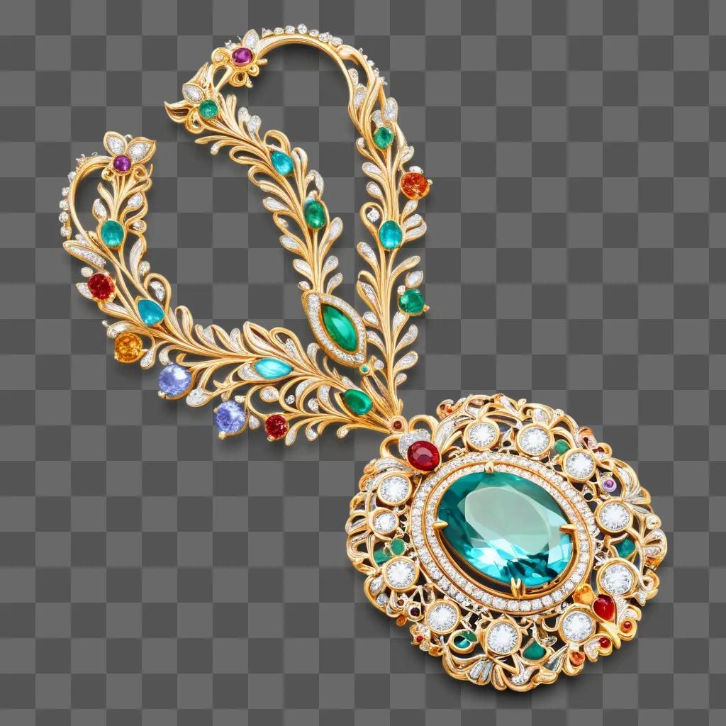 gold necklace with colorful stones and a large blue stone