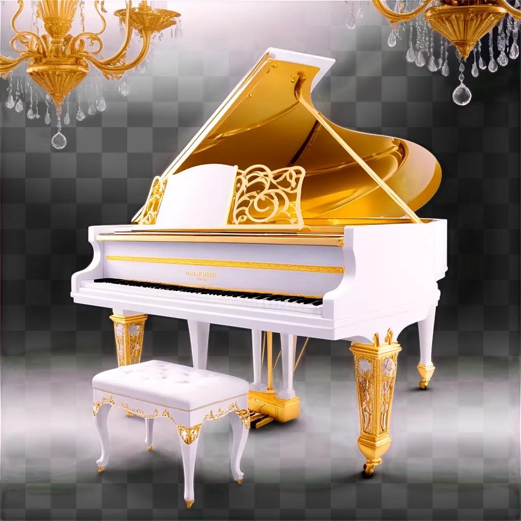 gold piano with gold accents and a stool