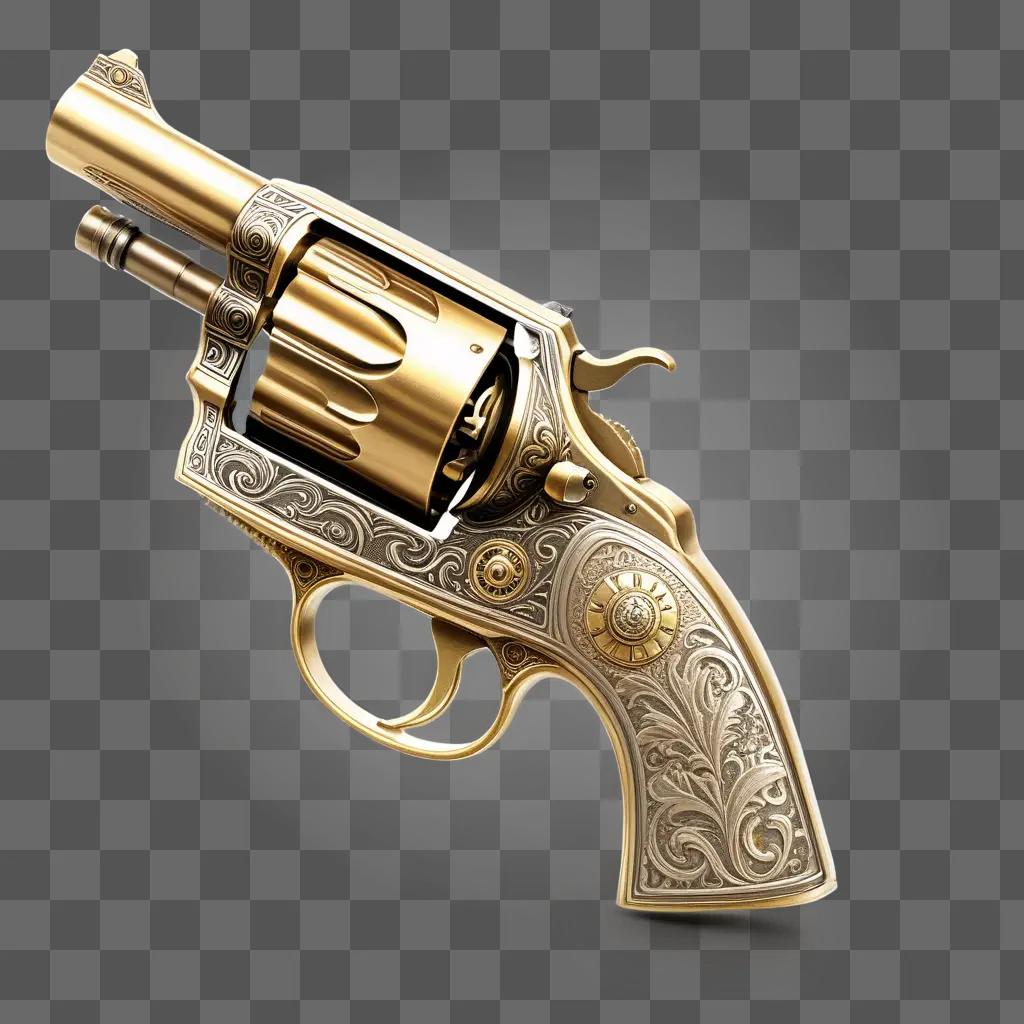 gold revolver with intricate engraving on the barrel