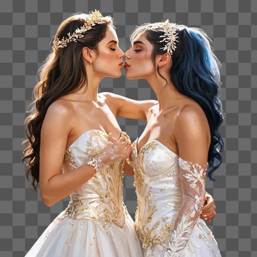 gold sparkle Two beautiful women kiss each other in a wedding dress