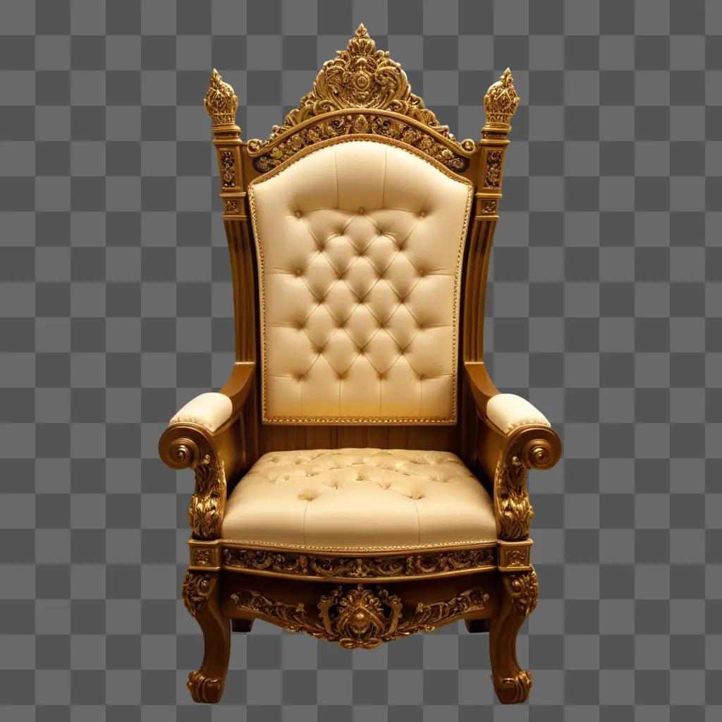 gold-trimmed king chair sits against a beige wall