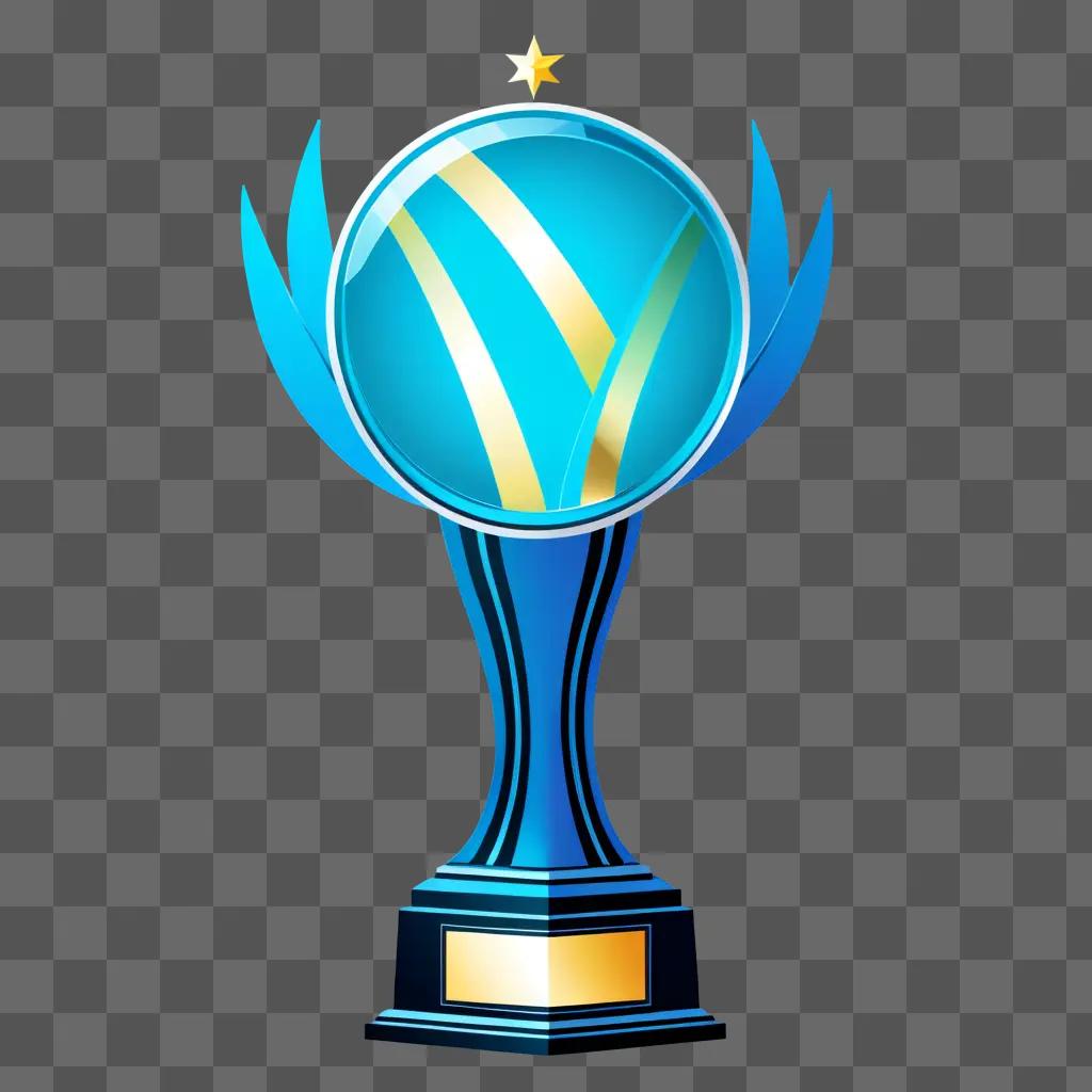 gold trophy with a blue and yellow design