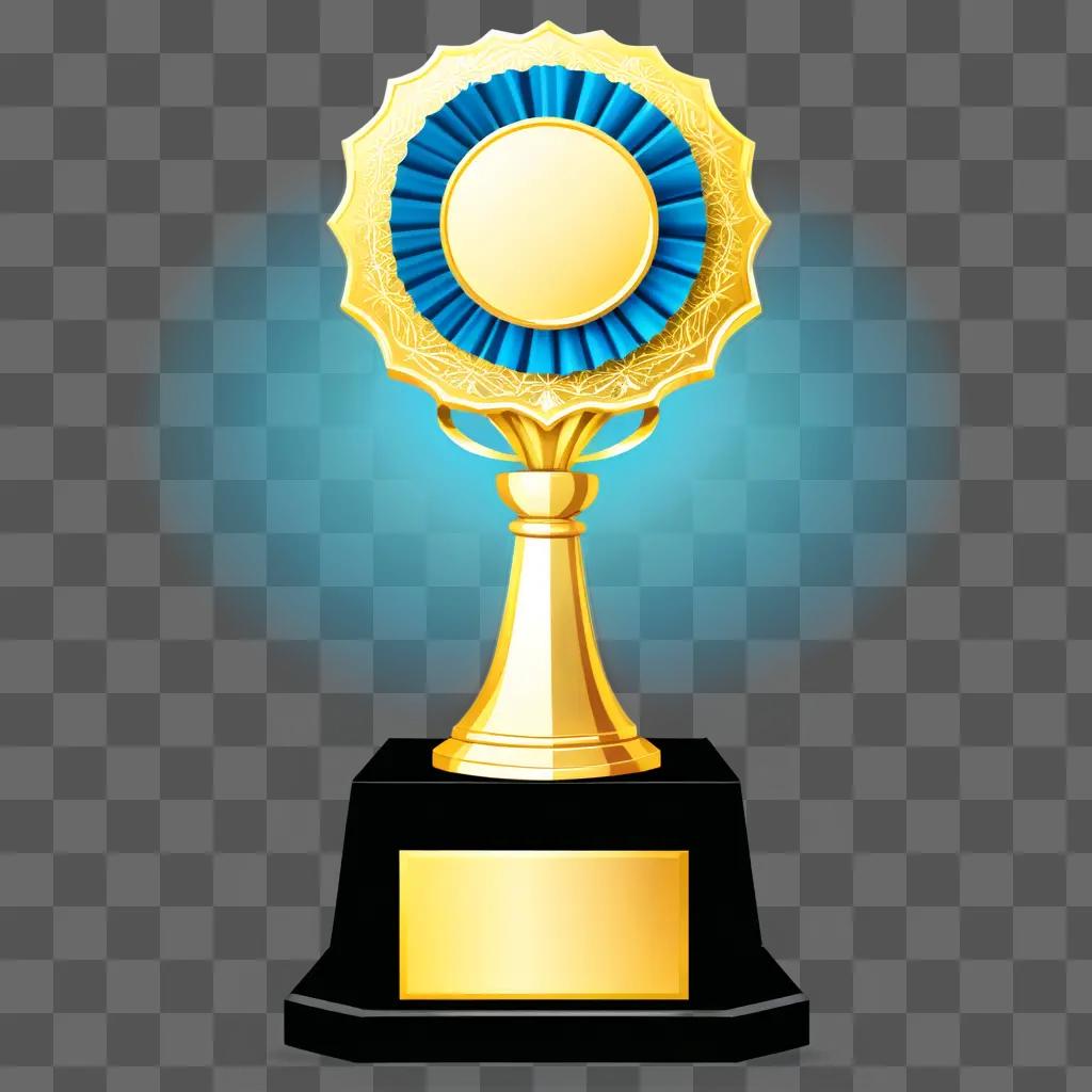 gold trophy with blue ribbon on a green background