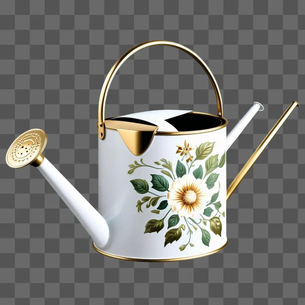 gold watering can with a flower design