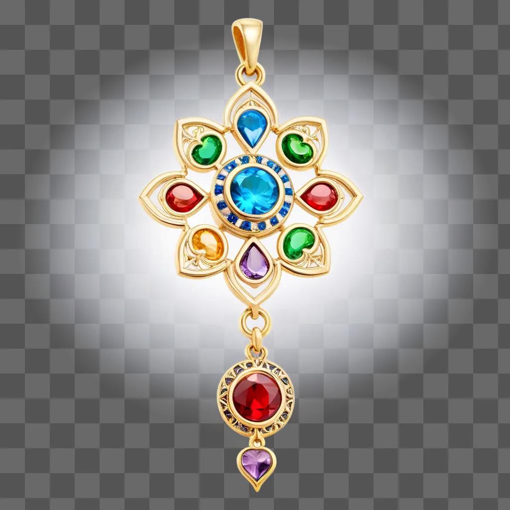 golden charm with a multicolored gemstone pendant