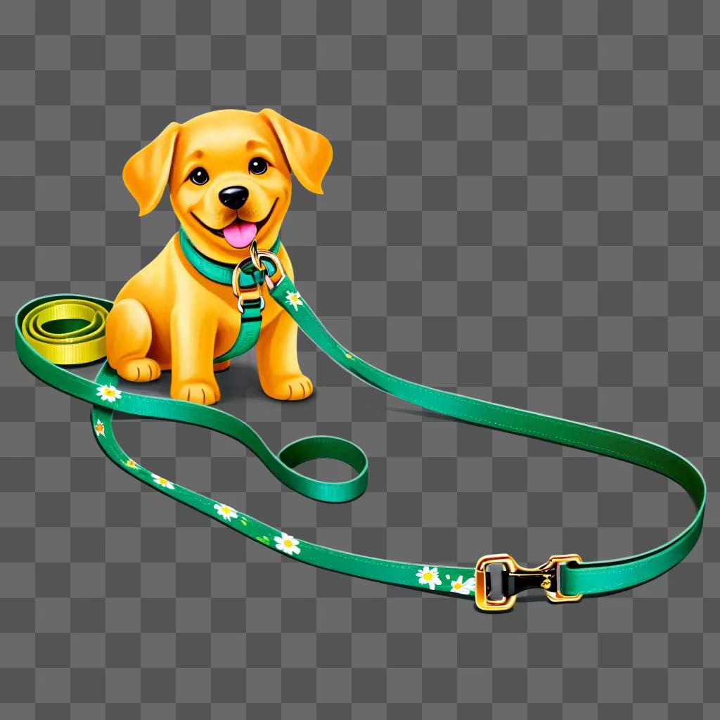 golden dog sits on a green leash with flowers