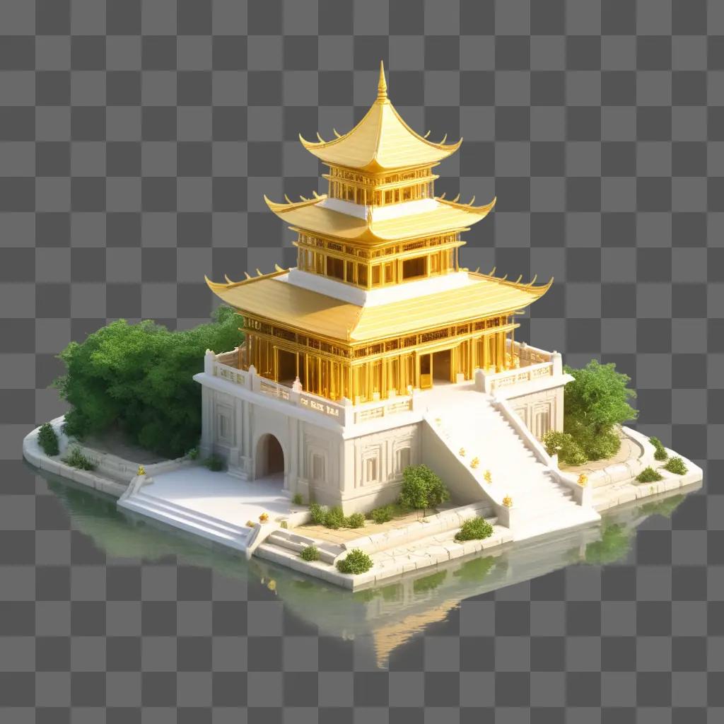 golden temple with stairs and trees around it