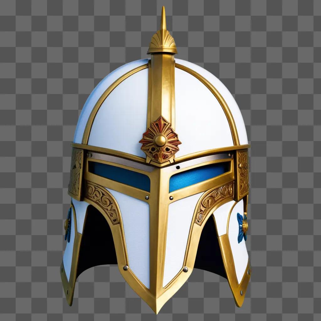 golden war helmet with blue and gold accents