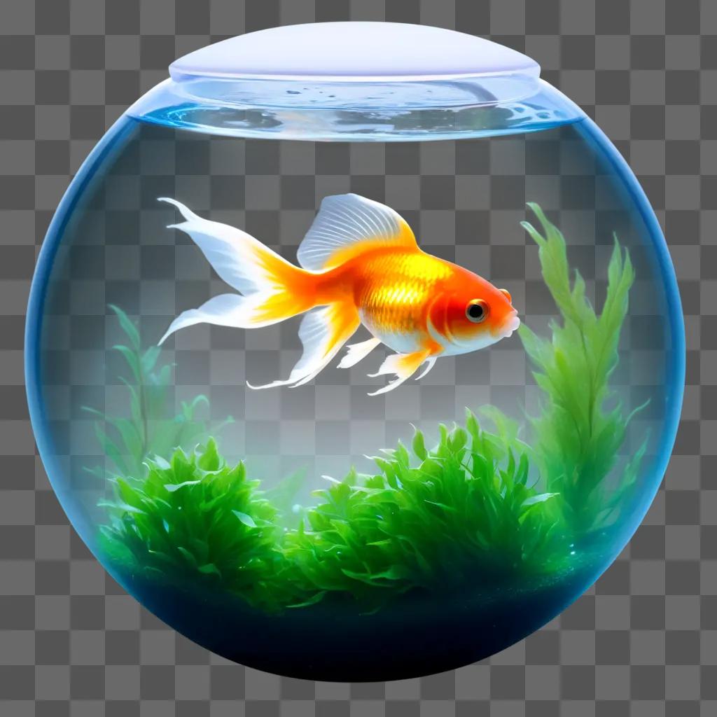 goldfish in a transparent bowl with aquatic plants