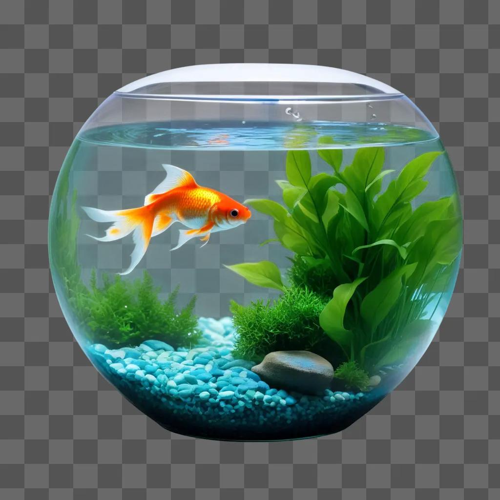 goldfish in a transparent fishbowl with green plants