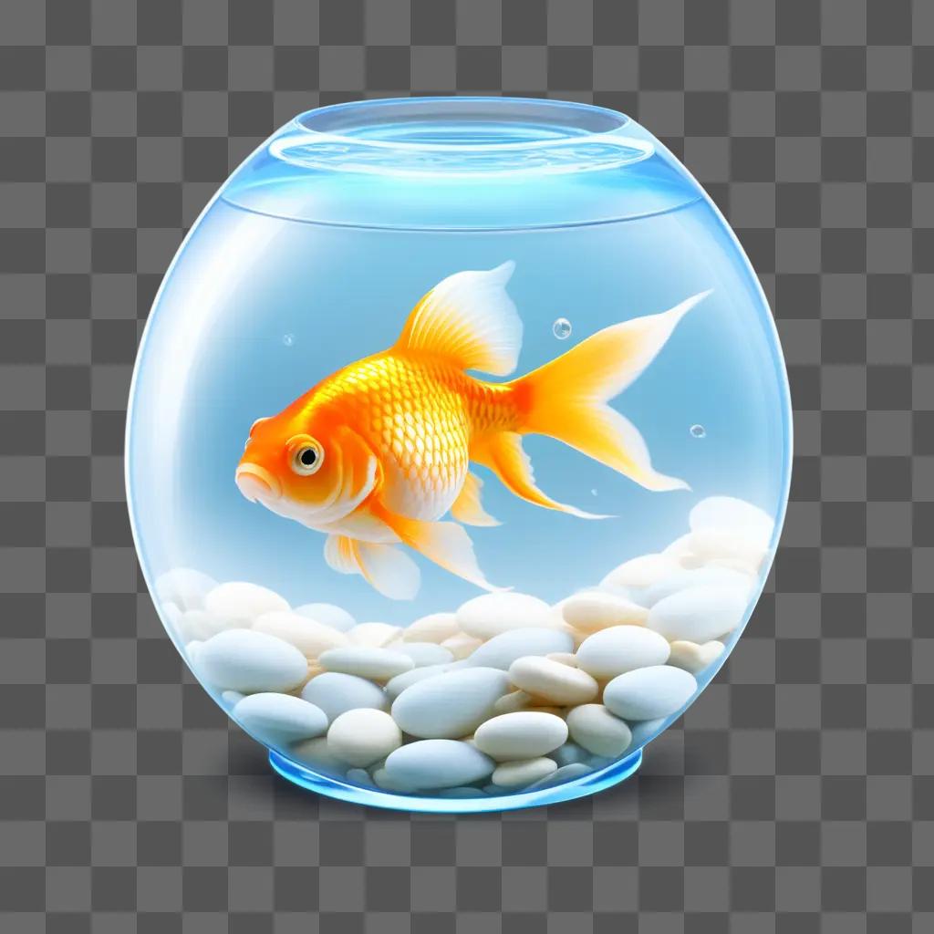 goldfish swims in a fish bowl with white pebbles