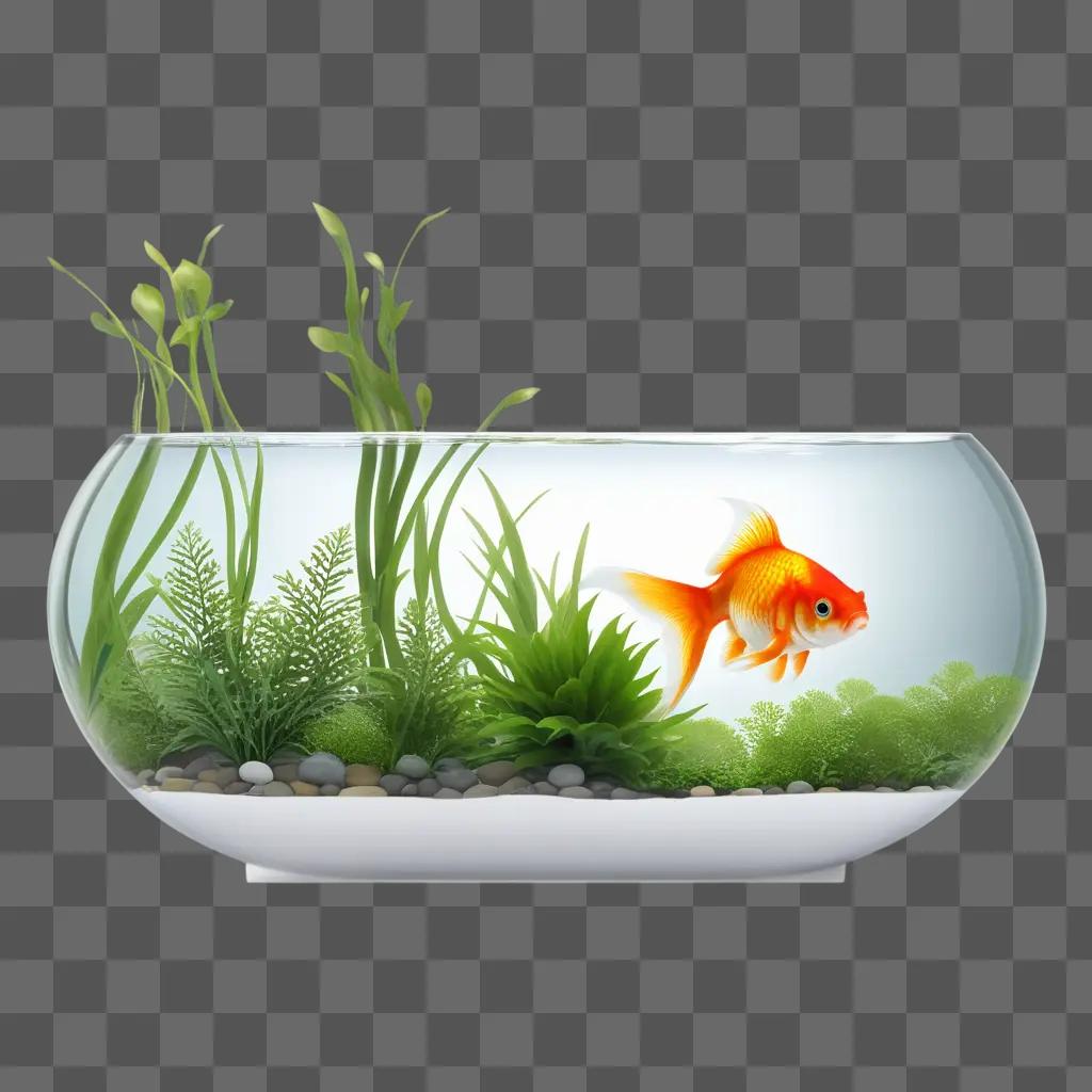 goldfish swims in a vase filled with water and plants