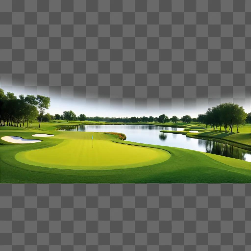 golf course with green grass and a lake in the distance