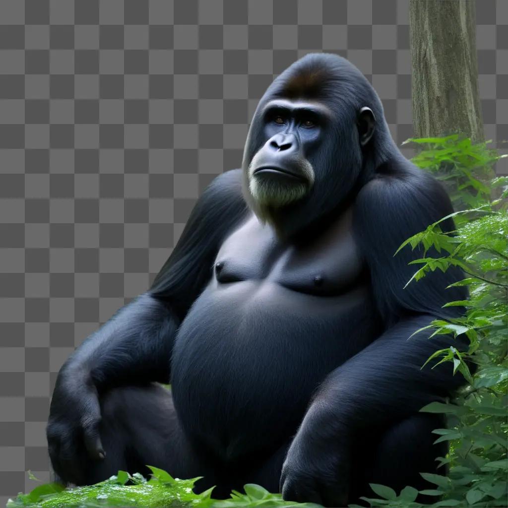 gorilla sits in the jungle under a tree