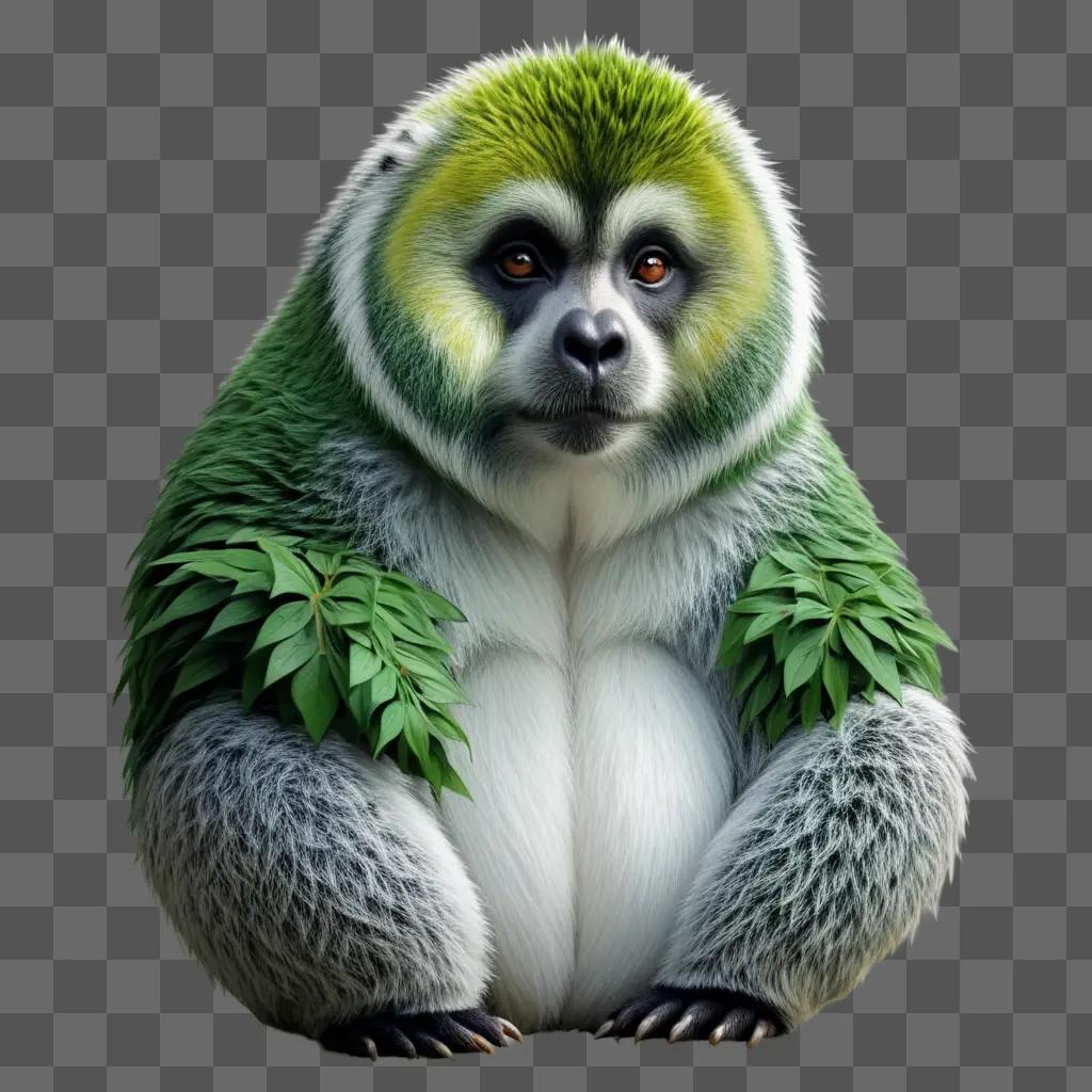 gorilla with green and white fur sitting down