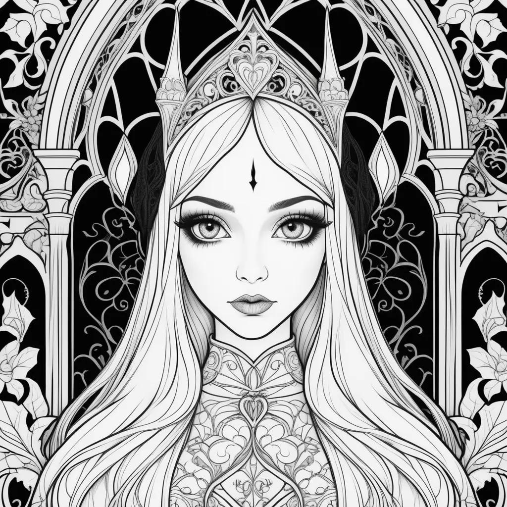 gothic coloring page features a queen with a crown and a crown