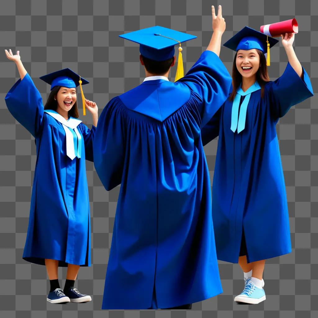 graduate celebrates in a blue graduation gown