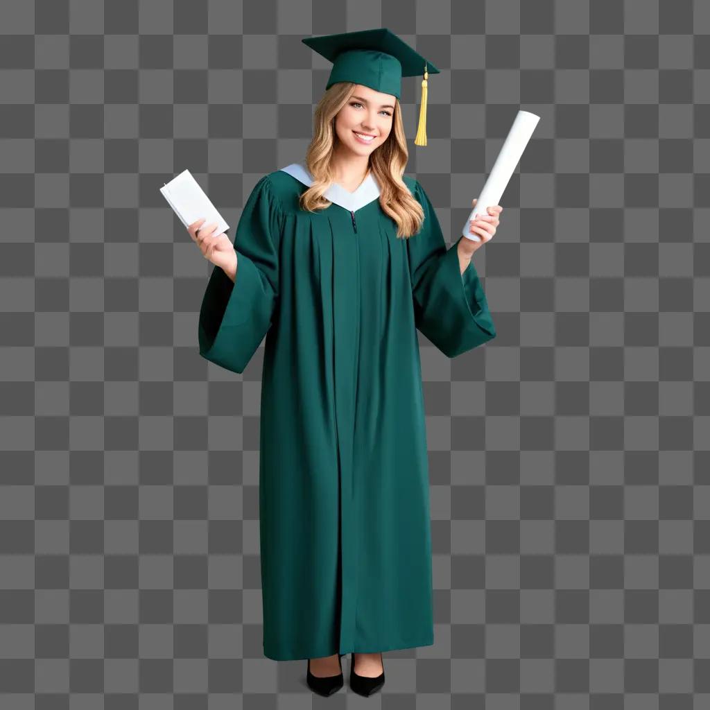 graduate in a green gown holding two lights