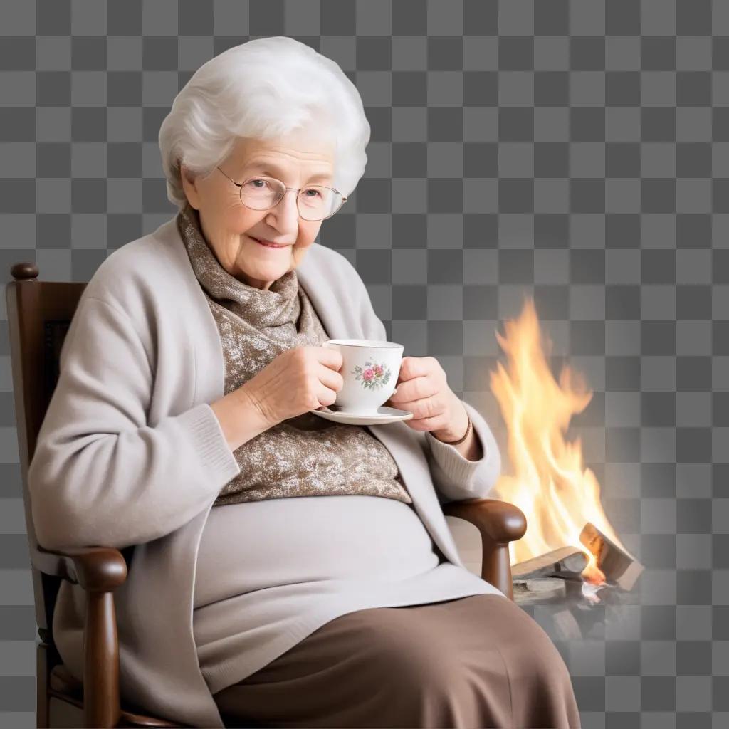 grandma sits by a fire