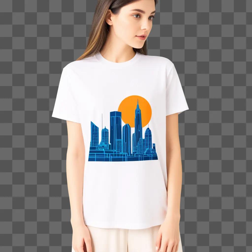 街のスカイラインが描かれたグラフィックTシャツ