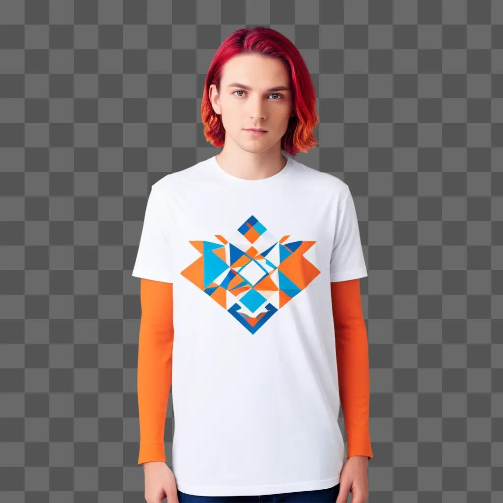 オレンジとブルーの幾何学的なデザインのグラフィックTシャツ