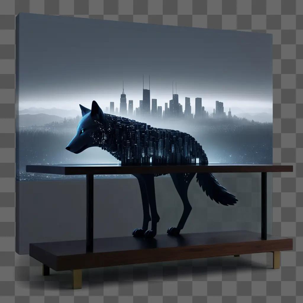 gray wolf on a wooden shelf in a cityscape