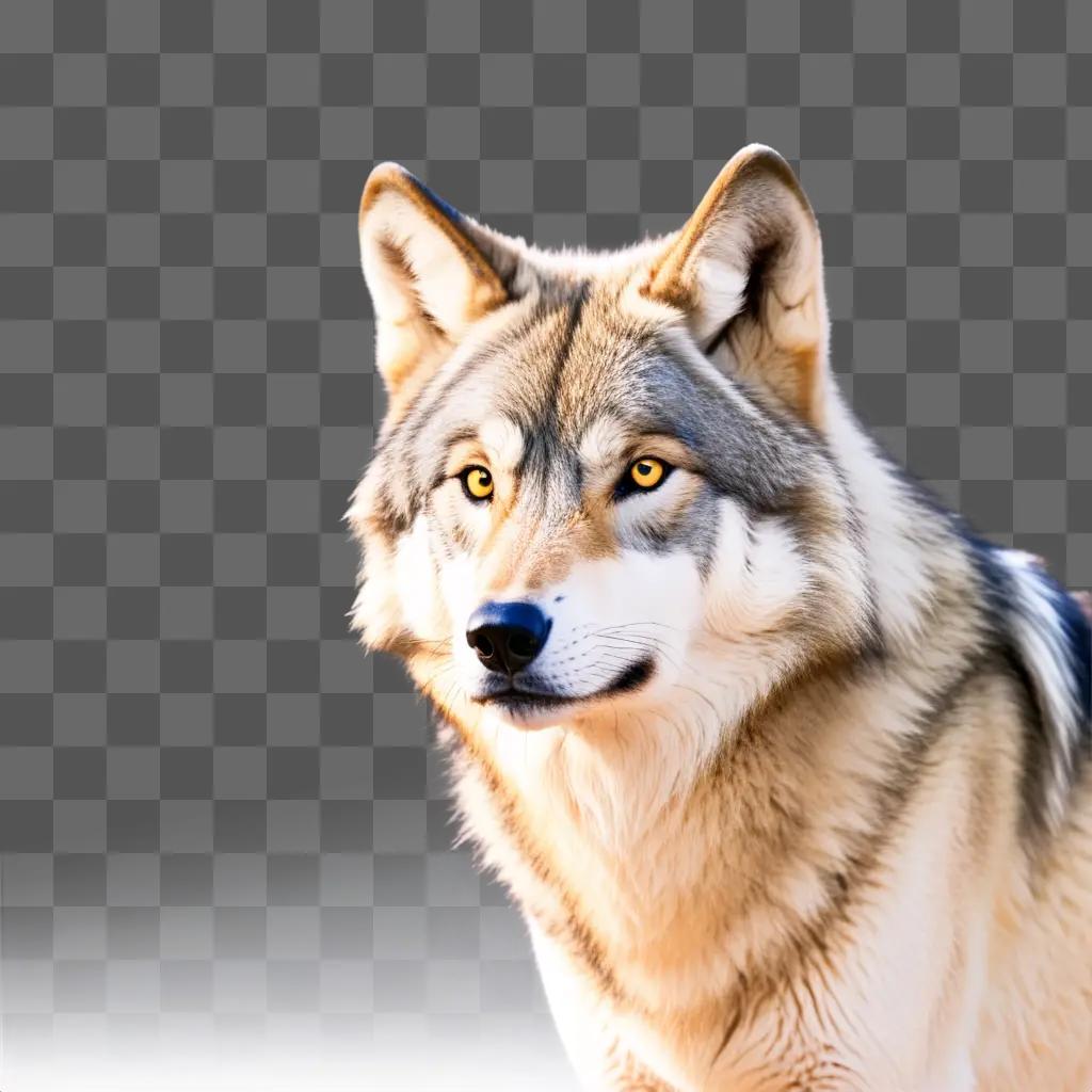 gray wolfs face with yellow eyes and bushy tail