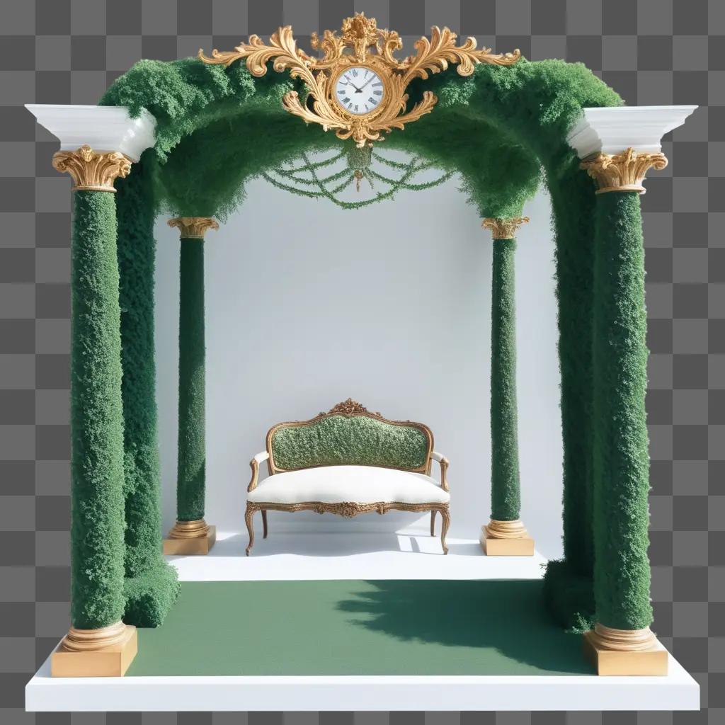 green 18th-century room with a gold clock and a green arch