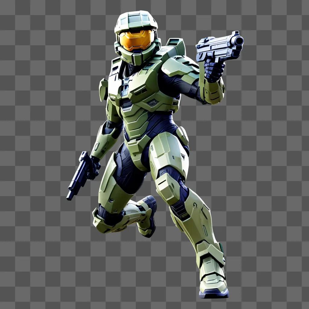 green Master Chief runs with guns