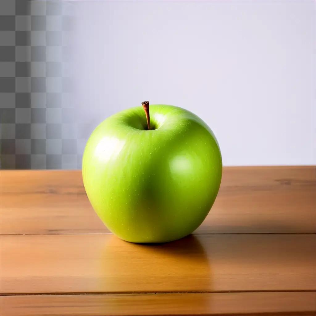 green apple rests on a wooden table