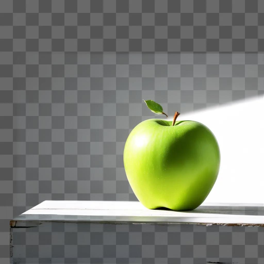 green apple sitting on a wooden surface