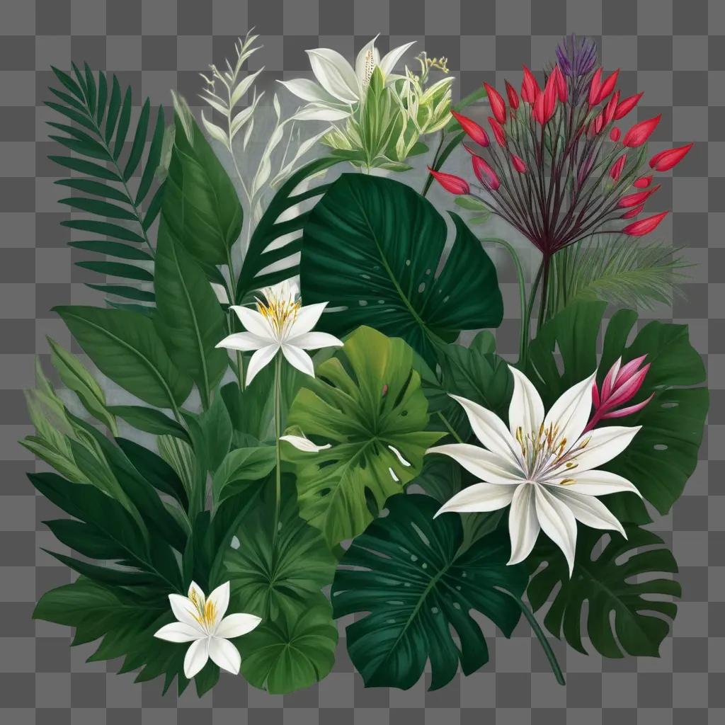 green background with various tropical plants