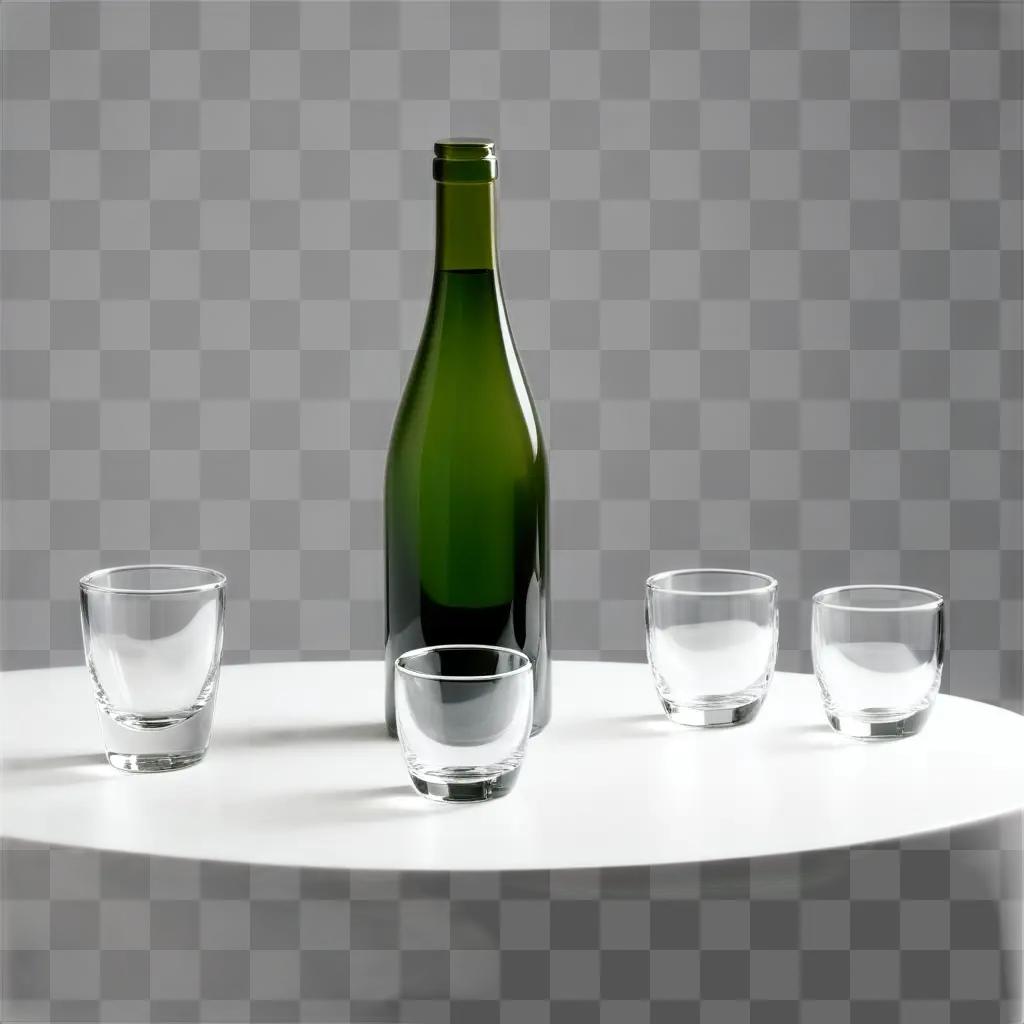 green bottle and four shot glasses on a table