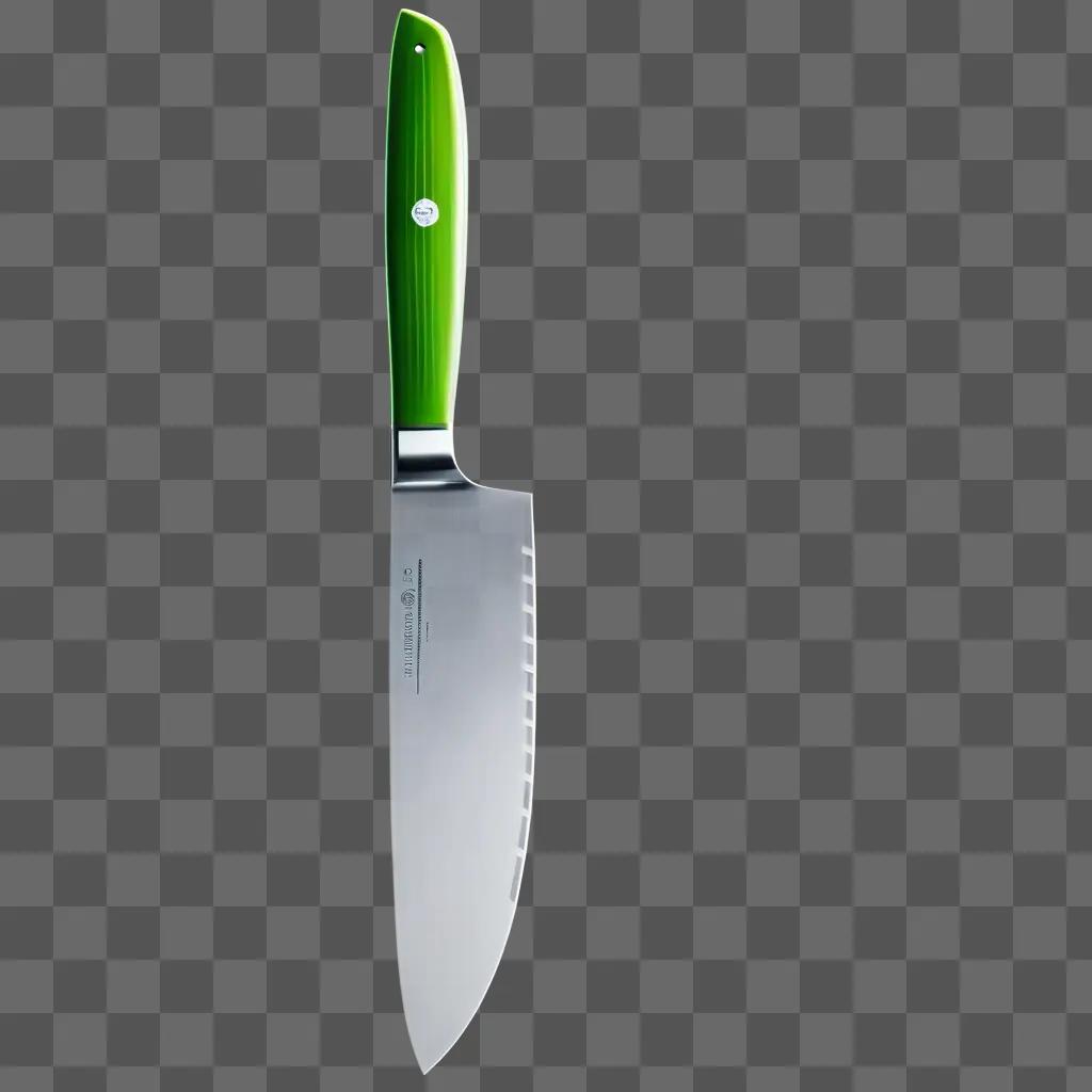 green chef knife with a white handle is displayed on a light green background