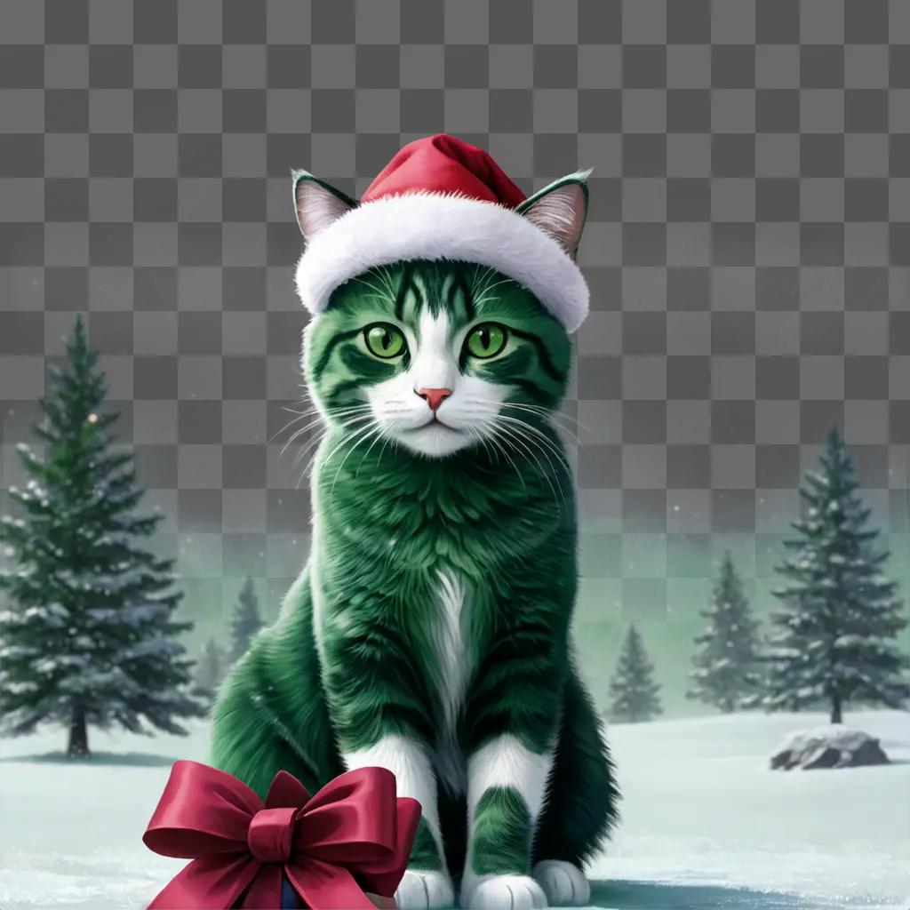 green christmas background A cat with a Santa hat sits near a Christmas bow