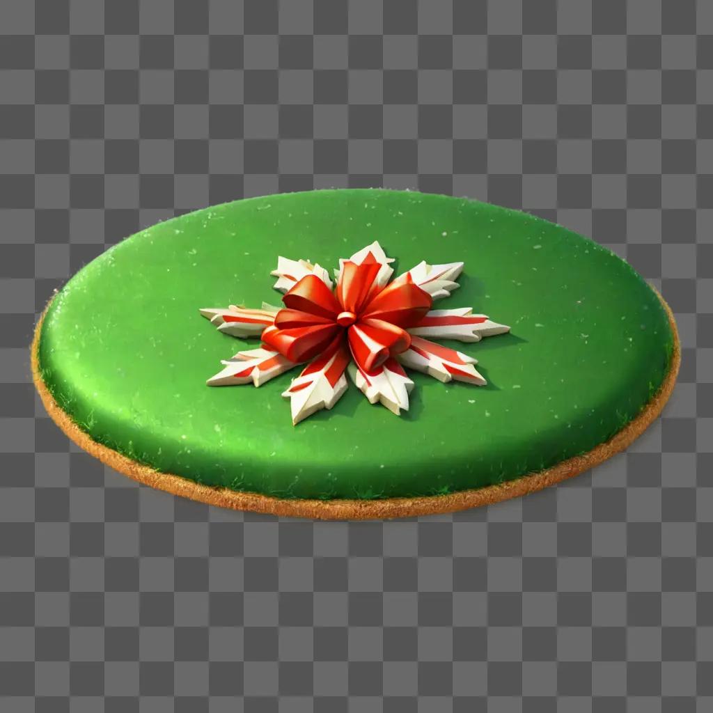 green christmas background A green cake topped with a red bow and white snowflakes