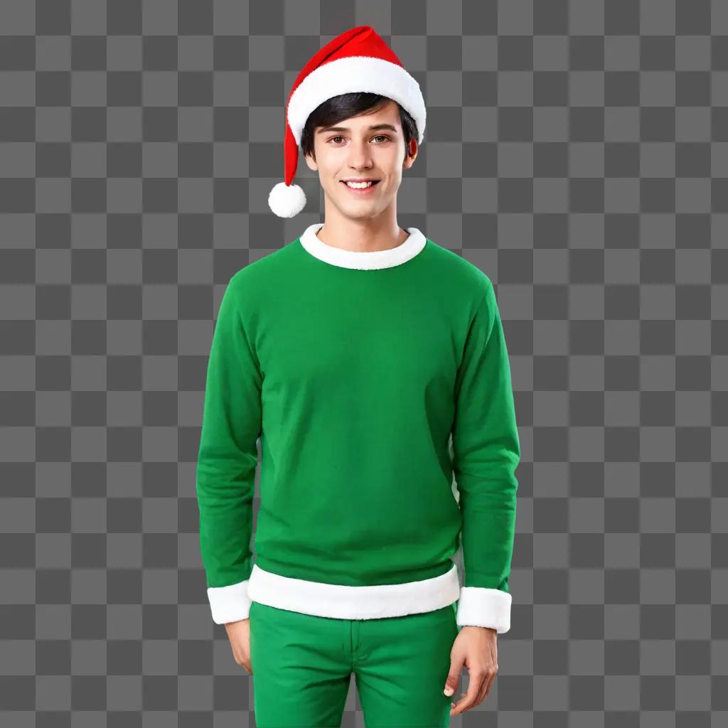 green christmas background A young man in a green Santa suit