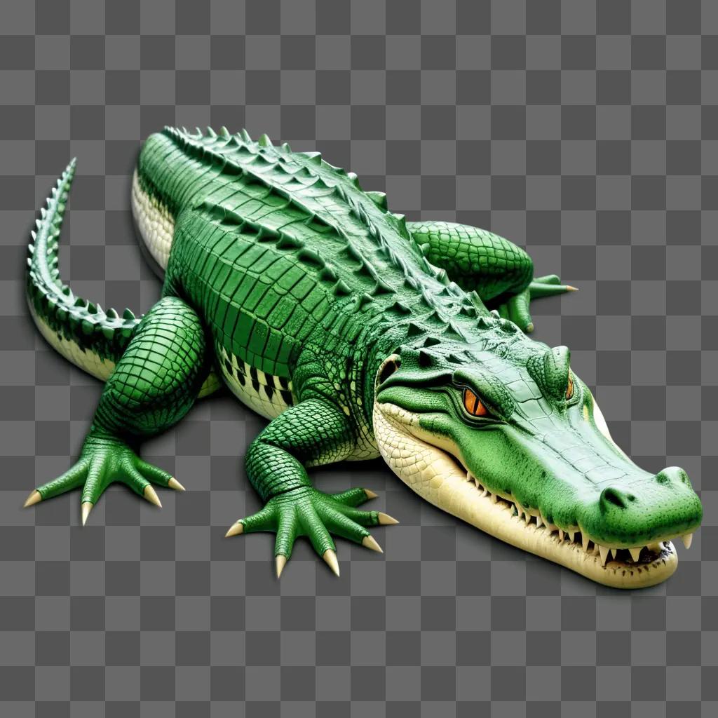 green crocodile with a white head and orange eyes is on a green background