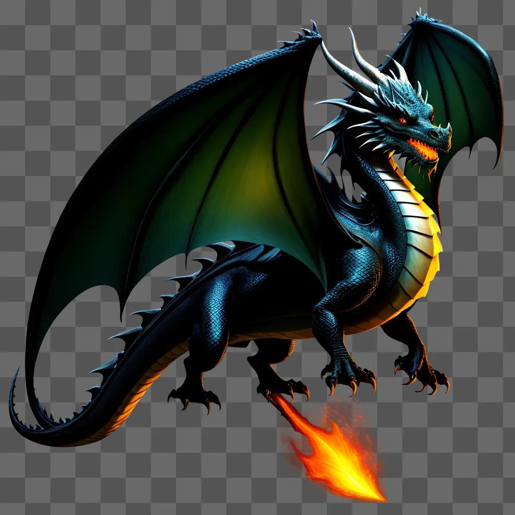 green dragon with a red tail and wings