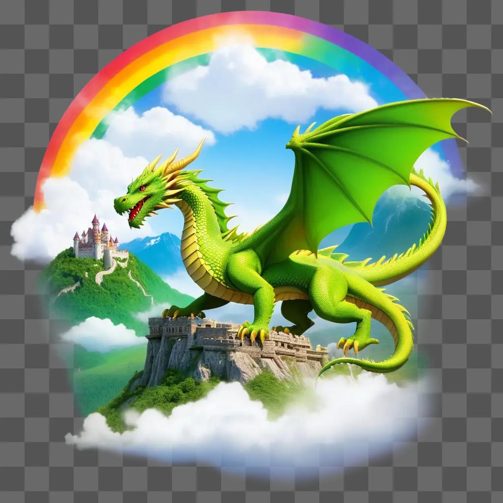 green dragon with yellow wings and green tail atop a mountain