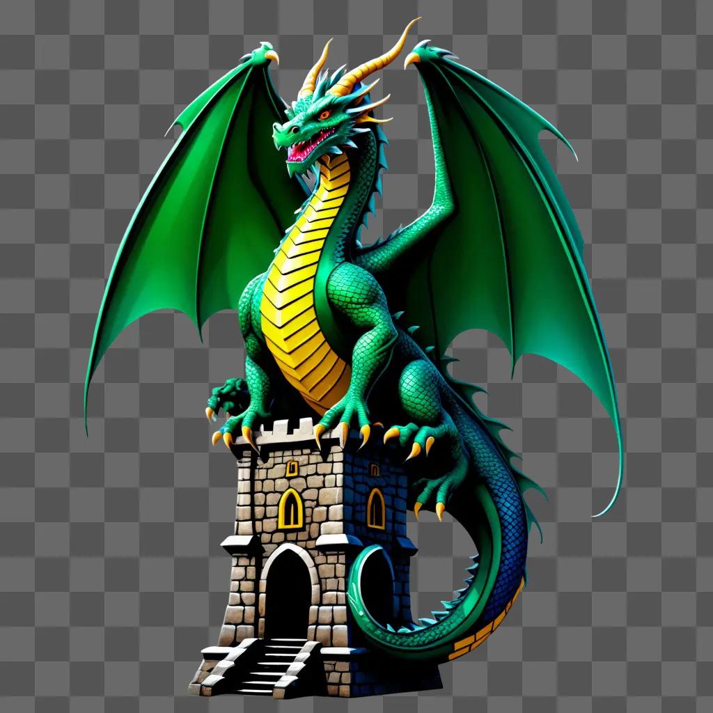 green dragon with yellow wings on a castle tower