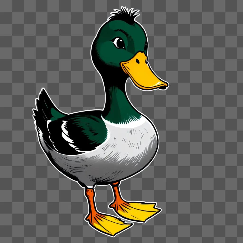 green duck with yellow feet is sketched in a cartoon drawing