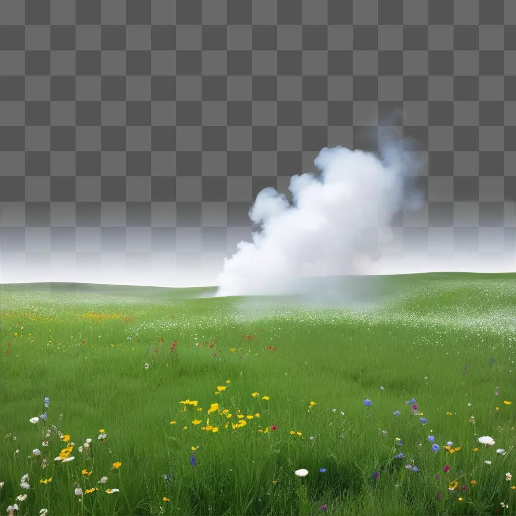 green field with smoke coming out of the ground