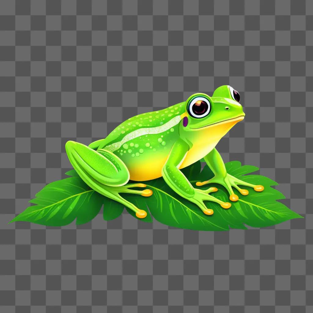 green frog sits on a leaf in a colorful scene