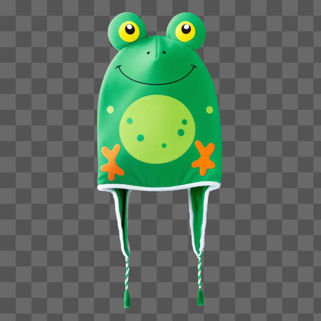 green froggy hat with a smiling face