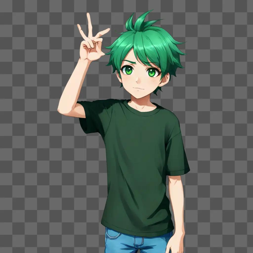 green hair anime boy A boy in a green shirt and blue jeans making a peace sign